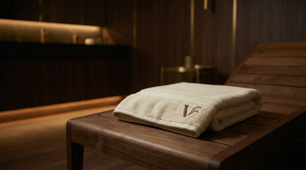 Gefaltetes cremefarbenes Velioni Saunatuch mit gesticktem Logo auf Holzbank in eleganter Sauna-Suite mit warmem Ambiente